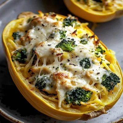 Cheesy Chicken and Broccoli Stuffed Spaghetti Squash Delight