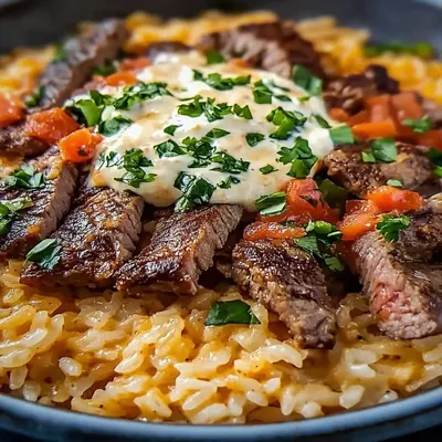 Creamy Queso Rice with Juicy Steak Strips Delight