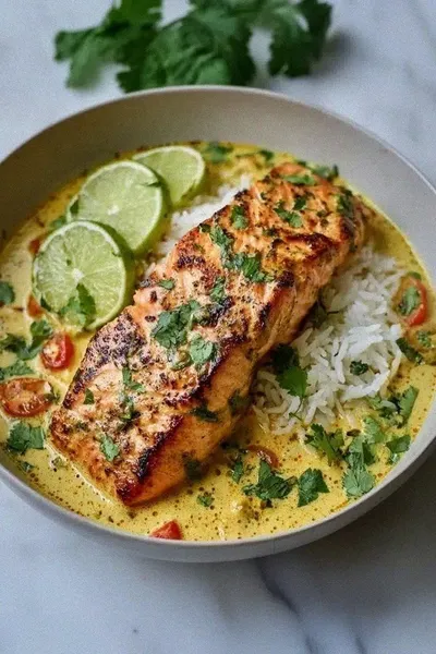One Pan Coconut Curry Salmon with Garlic Butter