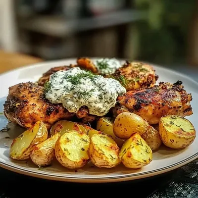 Spicy Yogurt Marinated Chicken with Creamy Dill Feta & Crispy Potatoes