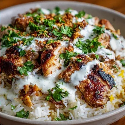 Chicken Over Rice with White Sauce and Spices
