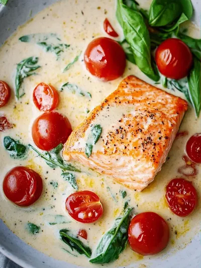 Creamy Tuscan Salmon with Bursting Cherry Tomatoes and Spinach