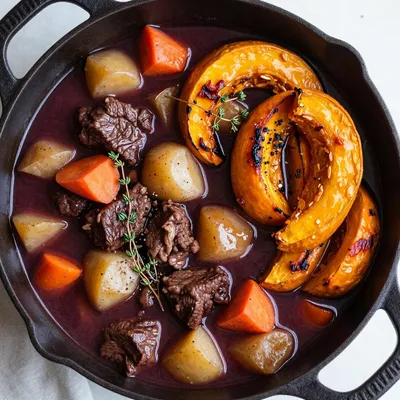 batch cook beef stew with roasted winter squash and potatoes for budget meals