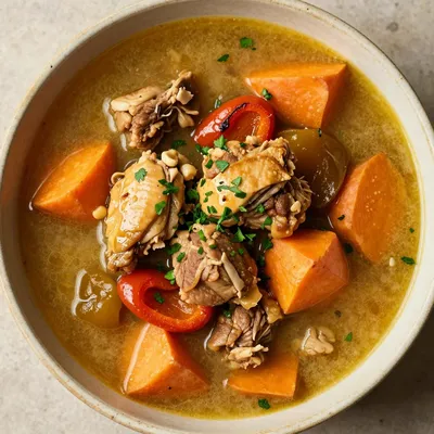 batch cook chicken stew with sweet potatoes and roasted vegetables