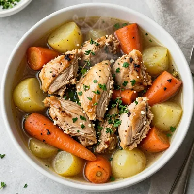 batch cooked garlic and herb chicken stew with winter root vegetables
