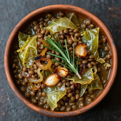 batch cooking lentil and cabbage stew with fresh rosemary for winter