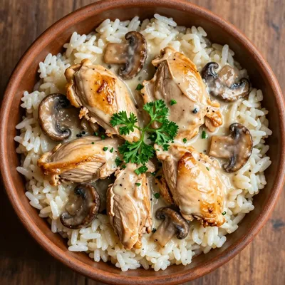 Budget Friendly Creamy Chicken and Rice with Mushrooms