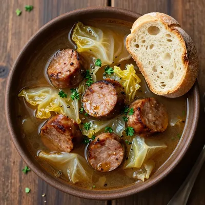 budgetfriendly winter cabbage and sausage stew with fresh herbs