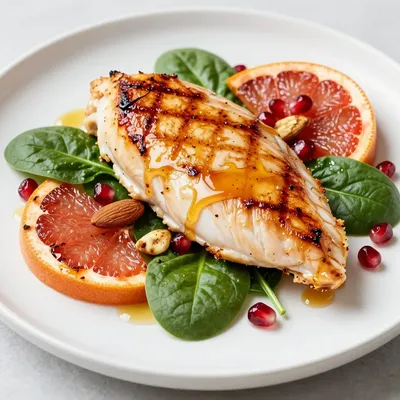 clean eating citrus chicken with roasted grapefruit and spinach salad