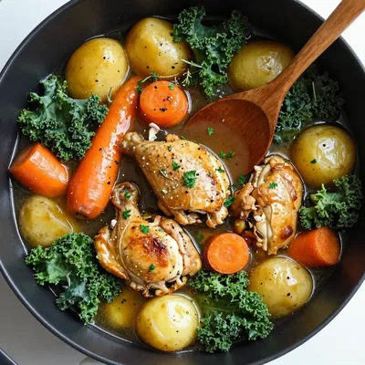 cozy one pot chicken and winter vegetable stew with garlic and herbs