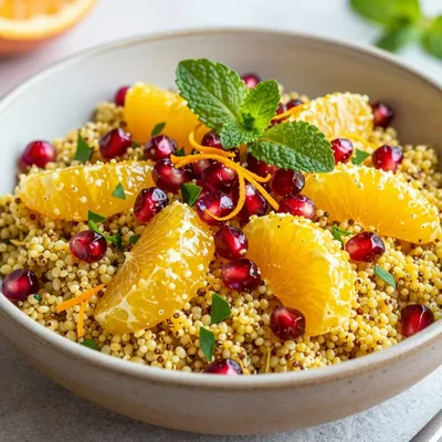 festive citrus and herb quinoa salad with pomegranate seeds