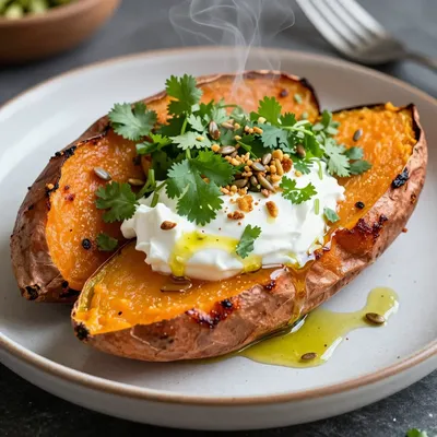 Healthy Baked Sweet Potatoes with Toppings