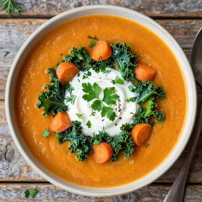 healthy kale and carrot soup with fresh herbs for cold january nights