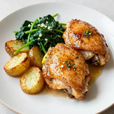 healthy lemon and herb baked chicken with wilted spinach and potatoes