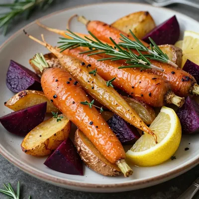 healthy lemon and herb roasted winter root vegetable medley