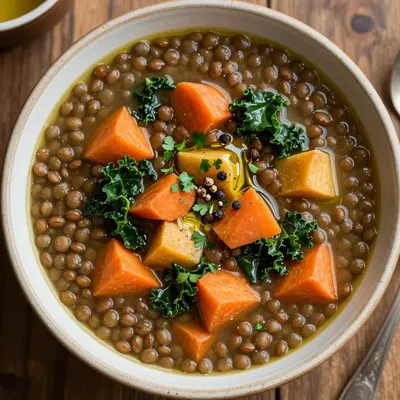 healthy onepot lentil soup with kale and root vegetables for cold days