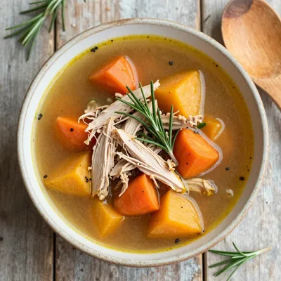 healthy slow cooker turkey and root vegetable soup with herbs