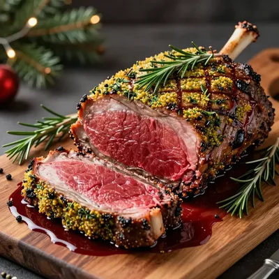 herb crusted prime rib with red wine sauce for christmas feasts