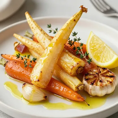 light and cozy lemon garlic roasted root vegetable medley