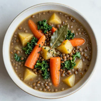 lowcalorie lentil and potato soup with winter vegetables and herbs