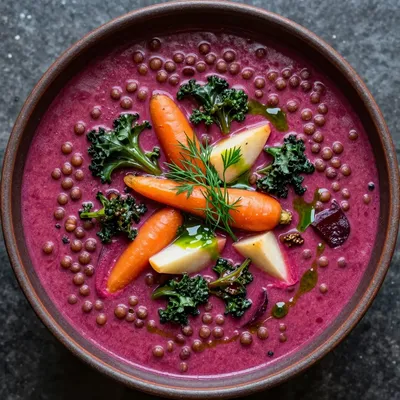 one pot lentil soup with beets and root vegetables for winter comfort