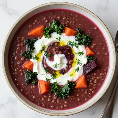 onepot high protein lentil soup with beets and winter vegetables for families