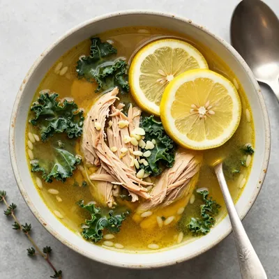 onepot lemon chicken soup with kale and garlic for nourishing meals