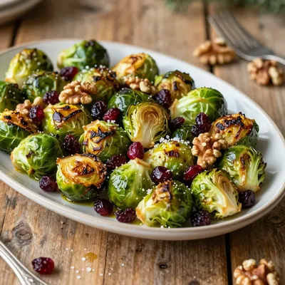 roasted brussels sprouts with cranberries and toasted walnuts for holidays
