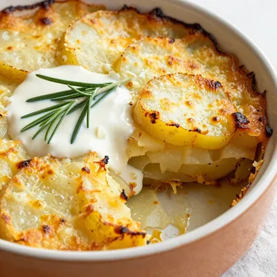 savory roasted turnip and potato gratin with garlic and rosemary