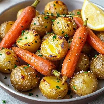 simple garlic roasted potatoes and carrots with fresh herbs