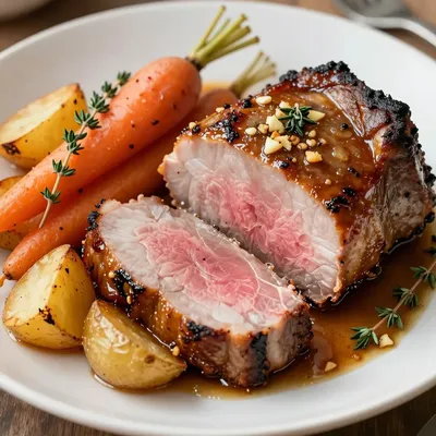 tender garlic and thyme pork loin with roasted winter root vegetables