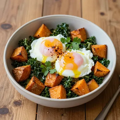 warm breakfast bowl with roasted sweet potatoes and poached eggs