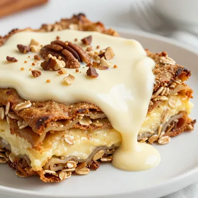 Warm Cinnamon Roll Oatmeal Bake with Cream Cheese Drizzle