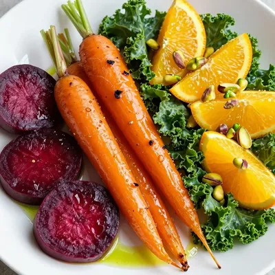warm citrus and kale salad with roasted beets and carrots