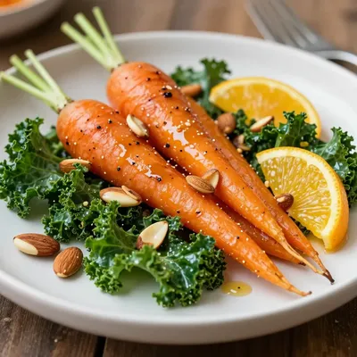 warm citrus and kale salad with roasted carrots and toasted almonds