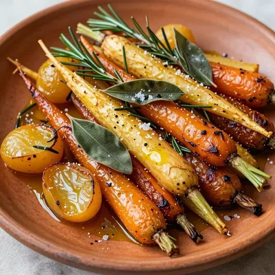 warm garlic roasted winter root vegetables with rosemary and sage