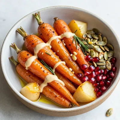 warm roasted carrot and parsnip bowl with garlic and rosemary