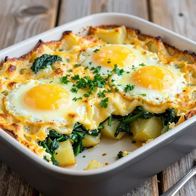 warm winter breakfast casserole with spinach potatoes and garlic
