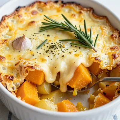 warm winter squash and potato gratin with garlic and fresh rosemary