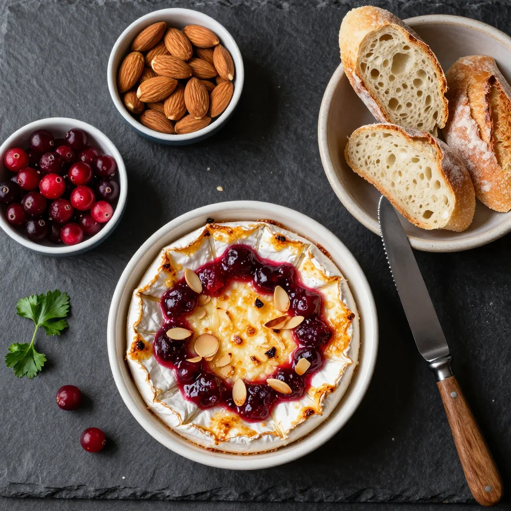 Ingredients for baked brie with cranberry sauce and toasted almonds for holiday appetizers