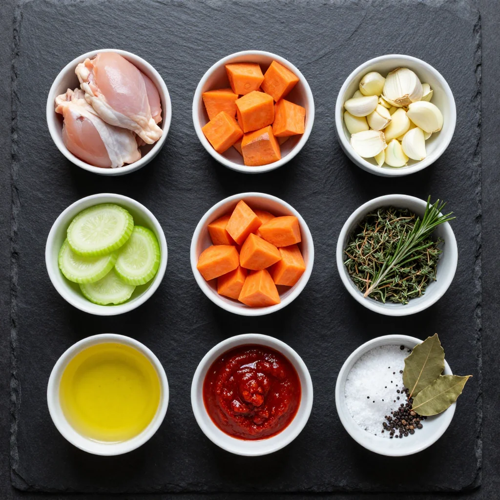 Ingredients for batch cook slow cooker chicken stew with sweet potatoes and garlic