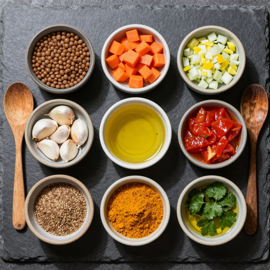 Ingredients for batch cooking friendly one pot lentil and carrot stew