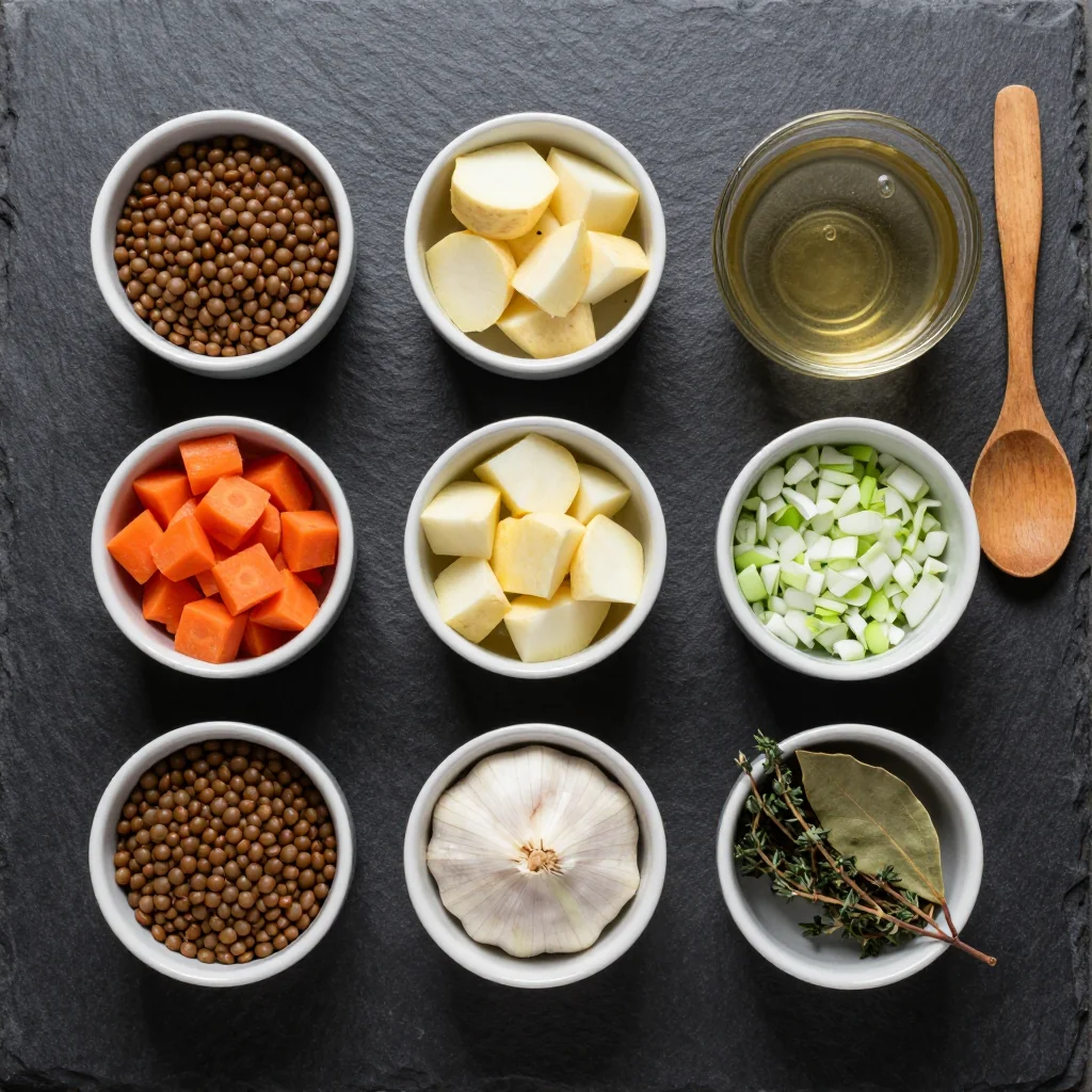 Ingredients for batch cooking lentil and root vegetable stew for easy january meals