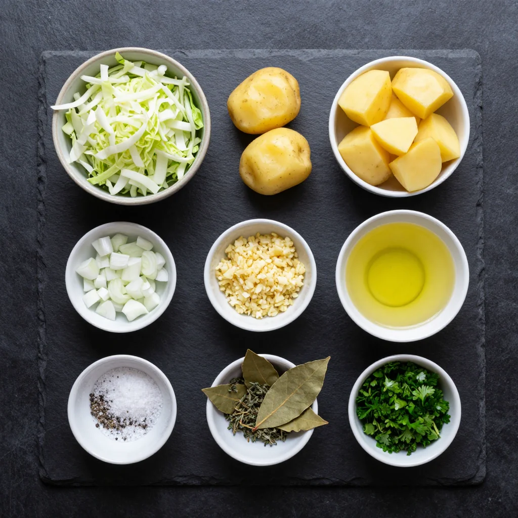Ingredients for budgetfriendly hearty cabbage and potato soup to warm cold nights