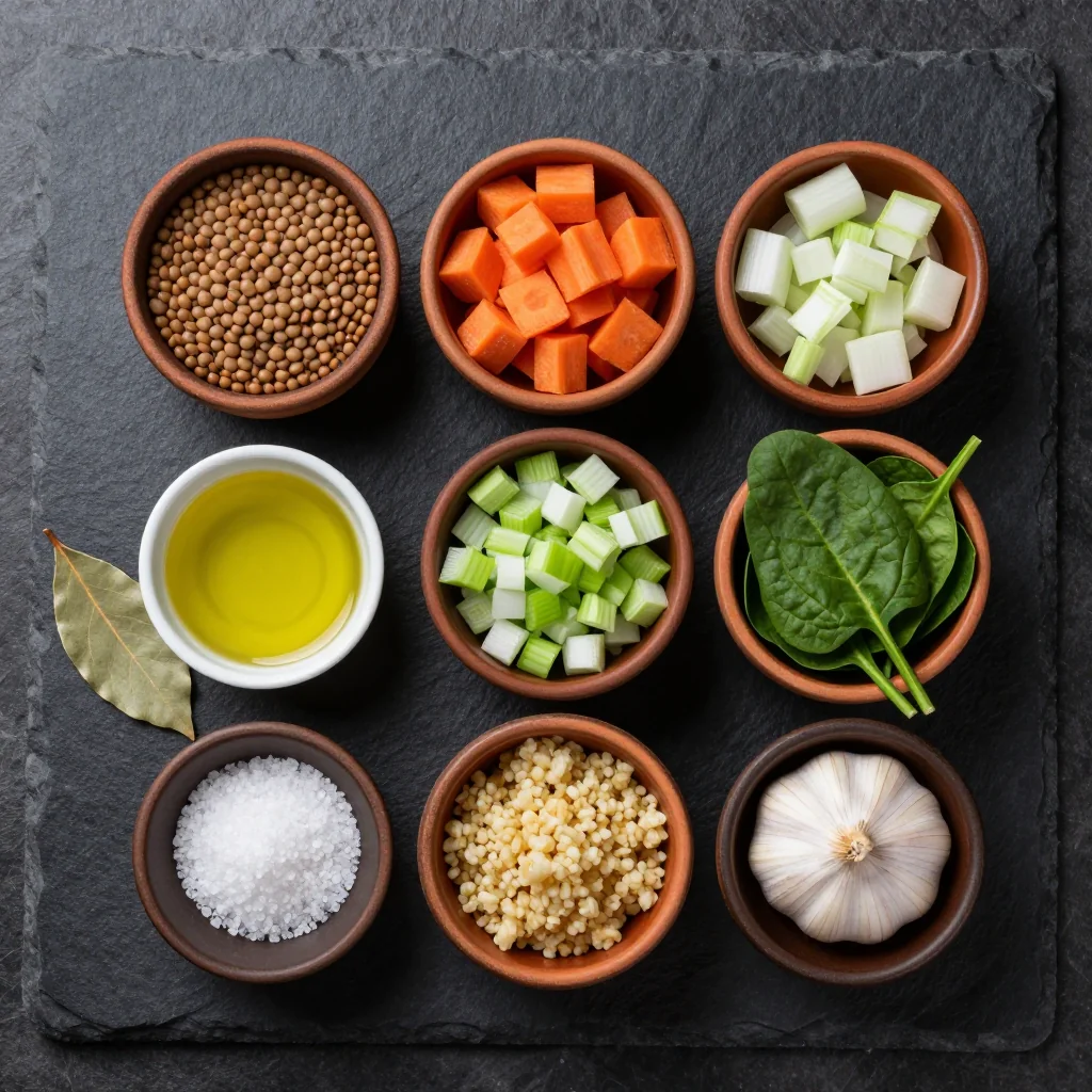 Ingredients for budget-friendly lentil and spinach stew with winter root vegetables
