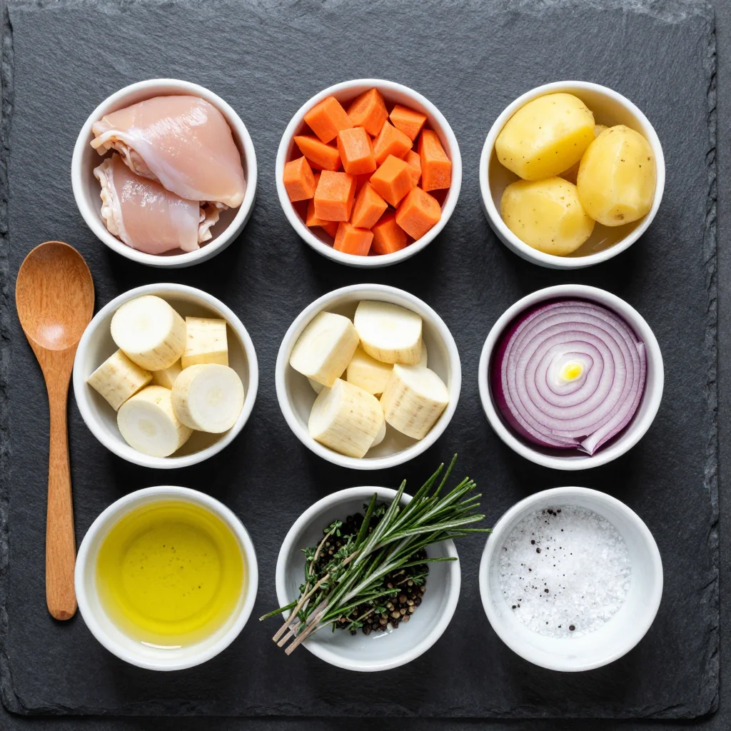 Ingredients for budget-friendly one-pot chicken and root vegetable bake