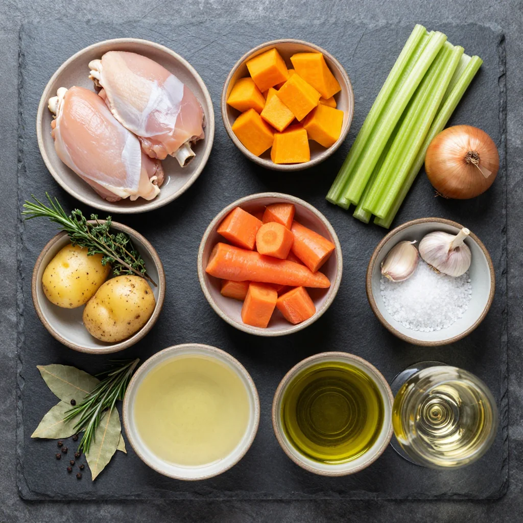 Ingredients for budgetfriendly slow cooker chicken and winter squash stew