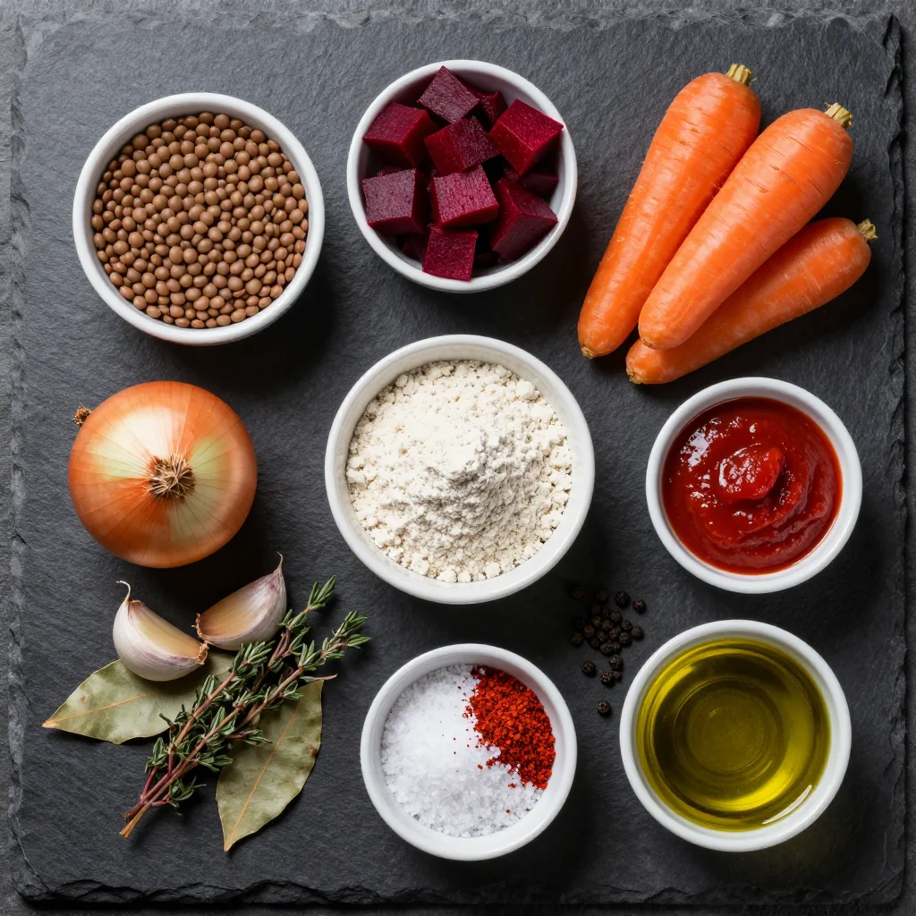 Ingredients for budget-friendly slow-cooker lentil and beet stew for cozy family meals