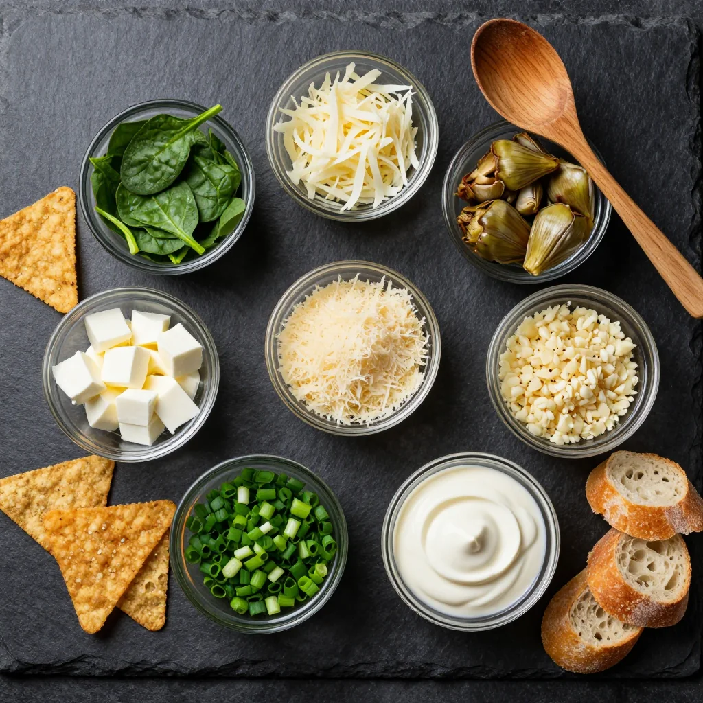 Ingredients for classic cheesy spinach artichoke dip for holiday party pleasures