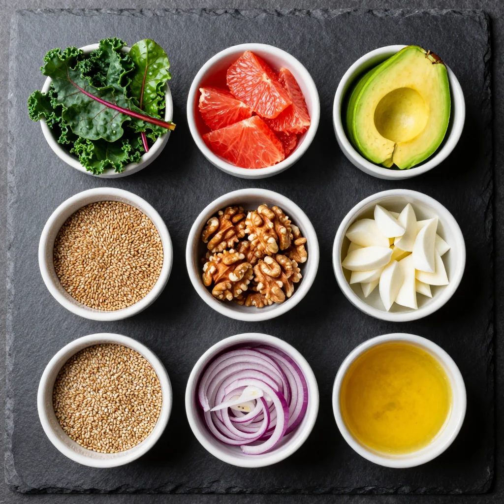 Ingredients for clean eating detox salad with winter greens and grapefruit dressing